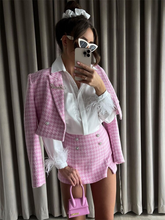 Lizakosht Womens Shorts Sets Elegant Houndstooth Tweed Set Cropped Blazer And High Waist Skort False Bejeweled Button Piece Suit